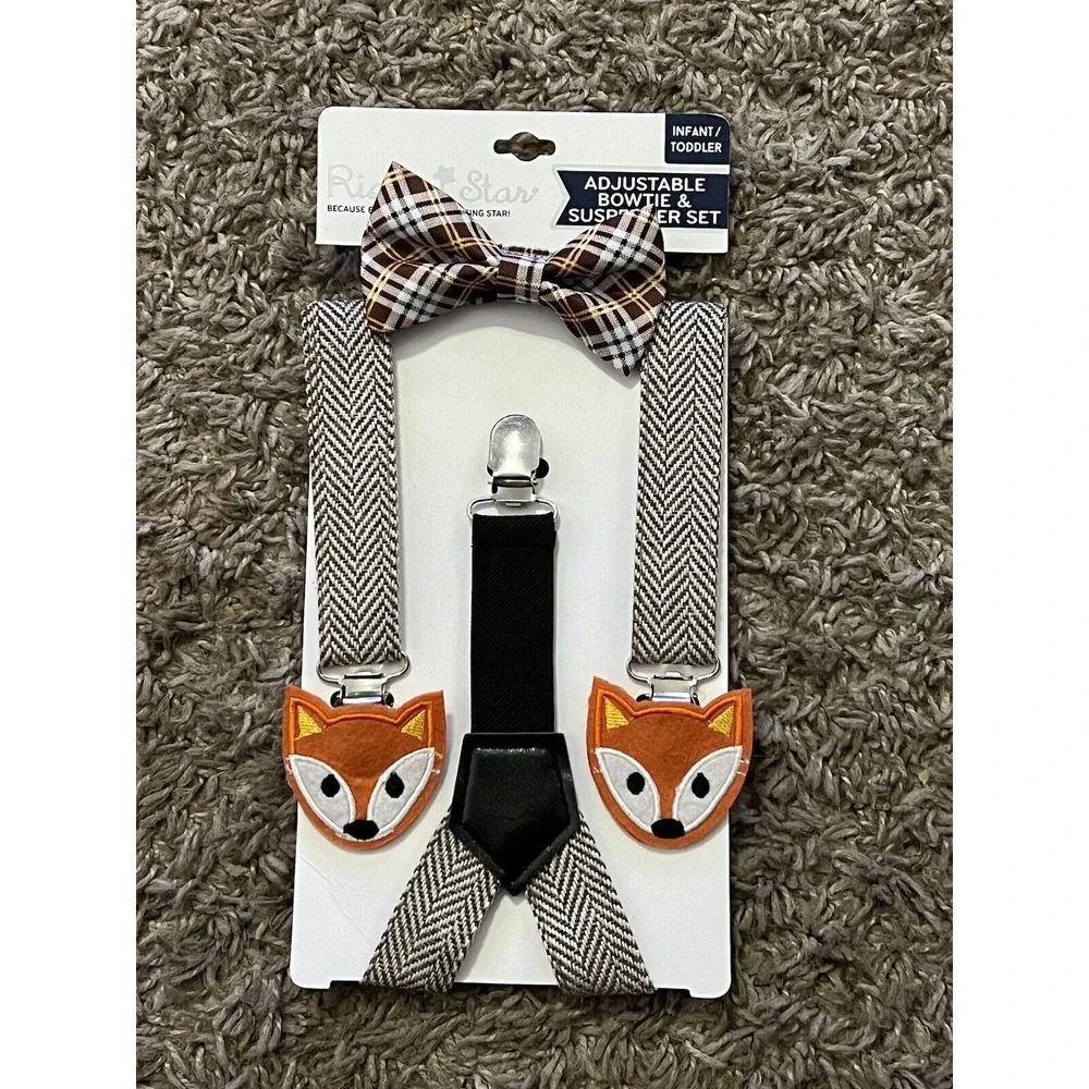 Rising Star Infant‎ Toddler Adjustable Bow Tie and Suspender Set Plaid Fox New!